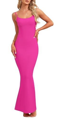 AUSELILY Damen Sexy Bodycon Kleid Elegantes ärmelloses Geripptes Figurbetontes Partykleid Spaghetti Strap Maxikleid Cocktailkleid Rosenrot L von AUSELILY