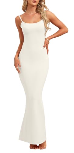 AUSELILY Damen Sexy Bodycon Kleid Elegantes ärmelloses Geripptes Figurbetontes Partykleid Spaghetti Strap Maxikleid Cocktailkleid Weiß S von AUSELILY