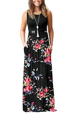 AUSELILY Damen Sommer Ärmelloses, lockeres Maxikleid Lässiges, langes Kleid mit Taschen(L,Rose Schwarz) von AUSELILY