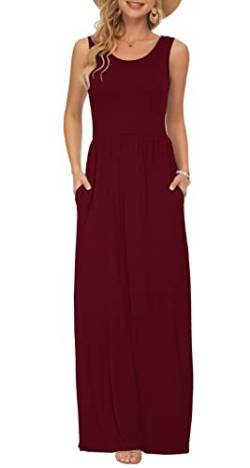 AUSELILY Damen Sommer Ärmelloses, lockeres Maxikleid Lässiges, langes Kleid mit Taschen(L,Wein Rot) von AUSELILY