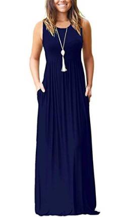 AUSELILY Damen Sommer Ärmelloses, lockeres Maxikleid Lässiges, langes Kleid mit Taschen(M,Navy Blau) von AUSELILY