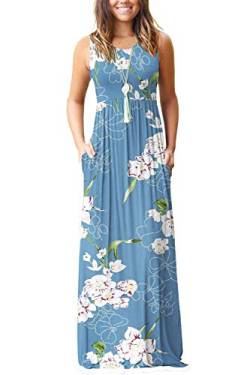 AUSELILY Damen Sommer Ärmelloses, lockeres Maxikleid Lässiges, langes Kleid mit Taschen(S,Blumen Hellblau) von AUSELILY