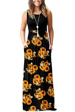 AUSELILY Damen Sommer Ärmelloses, lockeres Maxikleid Lässiges, langes Kleid mit Taschen(S,Schwarze Sonnenblumen) von AUSELILY
