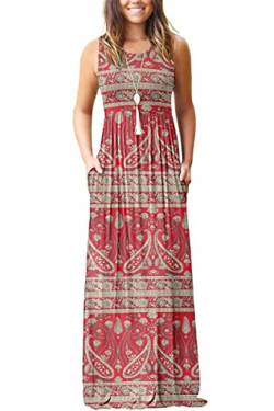 AUSELILY Damen Sommer Ärmelloses, lockeres Maxikleid Lässiges, langes Kleid mit Taschen(XL,Boho Floral Red) von AUSELILY