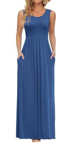 AUSELILY Damen Sommer Ärmelloses, lockeres Maxikleid Lässiges, langes Kleid mit Taschen(XXL,Beja Blue) von AUSELILY