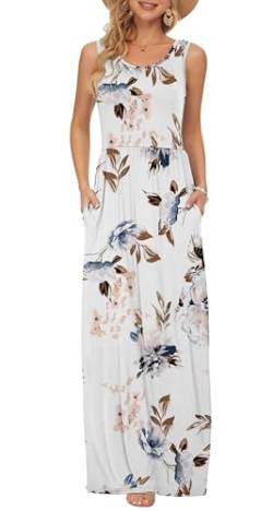 AUSELILY Damen Sommer Ärmelloses, lockeres Maxikleid Lässiges, langes Kleid mit Taschen Weiße Blumen XL von AUSELILY