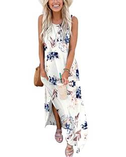 AUSELILY Damen Sommer Blumen Maxikleid Ärmellos Strandkleider Lose Lang Rundhals Hemdkleid mit Schlitz Blumen Weiß M von AUSELILY