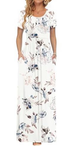 AUSELILY Damen Sommer Kurzarm Loose Casual Long Maxi Kleider mit Taschen Weiße Blumen M von AUSELILY