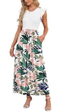 AUSELILY Damen Sommer Kurzarm Rundhalsausschnitt Lockeres Maxikleid Lässiges Hohe Taille Langes Kleid mit Taschen(Rosa Grüne Blume,M) von AUSELILY