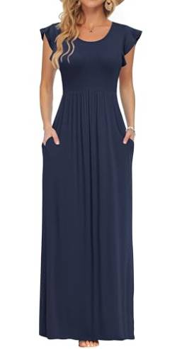 AUSELILY Damen Sommer Kurzarm Rundhalsausschnitt Maxikleid Lässiges Langes Kleid mit TaschenKleid Hochzeitsgast(Blau Navy,S) von AUSELILY