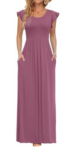 AUSELILY Damen Sommer Kurzarm Rundhalsausschnitt Maxikleid Lässiges Langes Kleid mit TaschenKleid Hochzeitsgast(Mauve,S) von AUSELILY