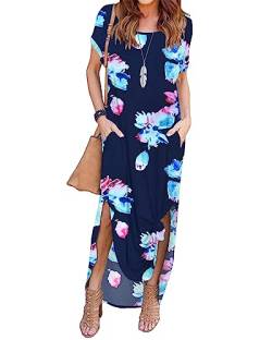 AUSELILY Damen Sommer Maxikleid Kurzarm Sommerkleid Freizeitkleid Lange mit Schlitz Strandkleid T-Shirt-Kleid mit Taschen Floral Marine Rosa S von AUSELILY