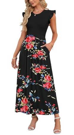 AUSELILY Damen Sommer Maxikleid Rüschen und kurzen Ärmeln Bodenlanger Rock mit Taschen Freizeit Strandkleid Große Größen(Rose Schwarz) von AUSELILY