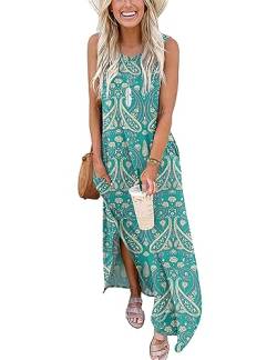 AUSELILY Damen Sommer Maxikleider Ärmellos Strandkleider Lose Langes Hemdkleid mit Schlitz Boho Floral Grün 2XL von AUSELILY