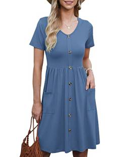 AUSELILY Damen Sommerkleider Kurzarm Knielanges Kleid Lässiger Rundhalsausschnitt A Line Kleider mit Taschen Baja Blue S von AUSELILY