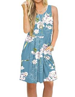 AUSELILY Damen ärmelloses Plissee Loose Swing reizeitkleid mit knielangen Taschen(Hellblaue Blume,L) von AUSELILY