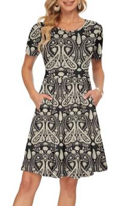 AUSELILY Freizeitkleid Damen Kleider Sommerkleid Kurzarm Plissee Loose Swing mit Knielangen Taschen Boho Floral Schwarz L von AUSELILY