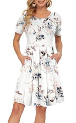 AUSELILY Freizeitkleid Damen Kleider Sommerkleid Kurzarm Plissee Loose Swing mit Knielangen Taschen Weiße Blumen 2XL von AUSELILY