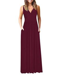 AUSELILY Kleid Damen Lang Elegant Maxikleider Sommer ärmellos tiefem V-Ausschnitt Strandkleid mit Taschen Weinrot 2XL von AUSELILY