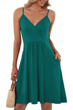 AUSELILY Kleider Damen Sommer V-Ausschnitt Leicht Und Luftig Ärmellos Sexy Strandkleid Träger Strand Trägerkleid mit Taschen（Dunkelgrün,M von AUSELILY