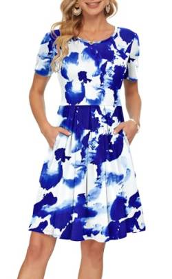 AUSELILY Kleider Damen Sommerkleid A Linie Freizeitkleid Kurzarm Plissee Loose Swing Knielang mit Taschen Blau Weiße Blumen M von AUSELILY