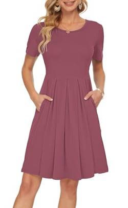 AUSELILY Kleider Damen Sommerkleid Blusenkleid A Linie Freizeitkleid Kurzarm Plissee Loose Swing Knielang Mauve L von AUSELILY