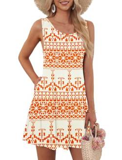 AUSELILY Kleider Damen Sommerkleid Rundhals A Linie Freizeitkleid ärmellose Loose Knielang mit Taschen Orange Geometrische Blume L von AUSELILY