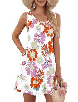 AUSELILY Kleider Damen Sommerkleid Rundhals A Linie Freizeitkleid ärmellose Loose Knielang mit Taschen Orange rosa Blumen 2XL von AUSELILY