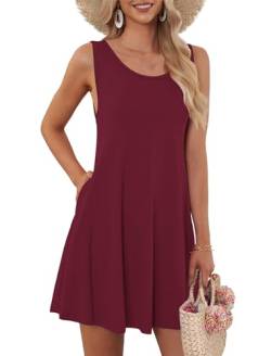 AUSELILY Kleider Damen Sommerkleid Rundhals A Linie Freizeitkleid ärmellose Loose Knielang mit Taschen Weinrot L von AUSELILY