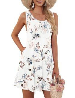 AUSELILY Kleider Damen Sommerkleid Rundhals A Linie Freizeitkleid ärmellose Loose Knielang mit Taschen Weiße Blumen M von AUSELILY