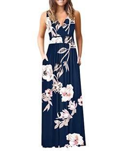 AUSELILY Kleider Lang Damen Sommer ärmellos Maxikleid Damen tiefem V-Ausschnitt Sexy Abendkleid mit Taschen Neues Blumenblau 2XL von AUSELILY