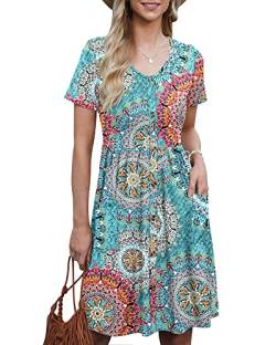 AUSELILY Kleider für Damen Rundhalsausschnitt Kurzarm A-Linie Kleider Casual Loose Swing Sommerkleid mit Taschen Print Grün M von AUSELILY