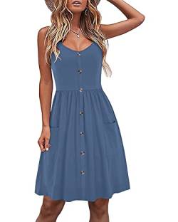 AUSELILY Kleider für Frauen Ärmelloses V-Ausschnitt Legeres Sonnenkleid Lockeres Sommer Spaghettiträger Kleid mit Taschen Beja Blau XL von AUSELILY