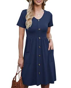 AUSELILY Kleider für Frauen Rundhalsausschnitt Kurzarm A Linie Kleider Casual Loose Swing Sommerkleid mit Taschen Marineblau S von AUSELILY