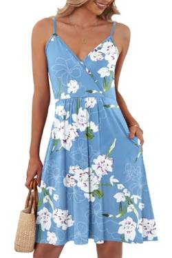 AUSELILY Luftiges Elegant V-Ausschnitt Sommerkleid Damen Sexy Ärmellos Träger Freizeitkleid Strandkleid mit Taschen S-XXL（Hellblaue Blume,XL von AUSELILY