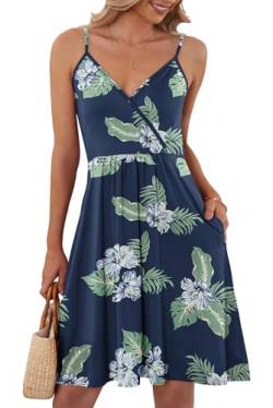 AUSELILY Luftiges Elegant V-Ausschnitt Sommerkleid Damen Sexy Ärmellos Träger Freizeitkleid Strandkleid mit Taschen S-XXL（Marineblaue Blumen,XL von AUSELILY