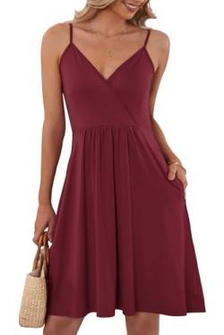 AUSELILY Luftiges Elegant V-Ausschnitt Sommerkleid Damen Sexy Ärmellos Träger Freizeitkleid Strandkleid mit Taschen S-XXL（Wein Rot,XL von AUSELILY