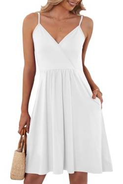 AUSELILY Luftiges Elegant V-Ausschnitt Sommerkleid Damen Sexy Ärmellos Träger Freizeitkleid Strandkleid mit Taschen S-XXL（Weiß,XL von AUSELILY