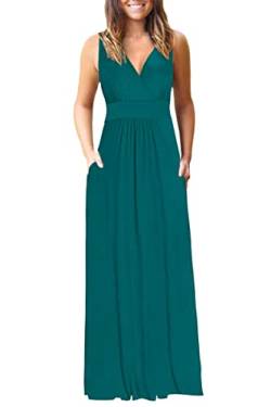 AUSELILY Maxikleid Damen Sommer ärmellos Grünes Kleider Lang Elegant tiefem V-Ausschnitt Abendkleid mit Taschen Dunkelgrün 3XL von AUSELILY