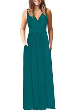 AUSELILY Maxikleid Damen Sommer ärmellos Grünes Kleider Lang Elegant tiefem V-Ausschnitt Abendkleid mit Taschen Dunkelgrün M von AUSELILY