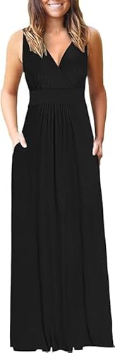 AUSELILY Maxikleid Damen Sommer ärmellos Kleid Schwarz Lang Elegant tiefem V-Ausschnitt Abendkleid mit Taschen 3XL von AUSELILY