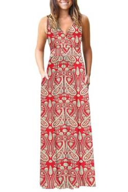 AUSELILY Maxikleid Damen Sommer ärmellos Kleider Lang Elegant tiefem V-Ausschnitt Abendkleid mit Taschen Boho Blumenrot 3XL von AUSELILY