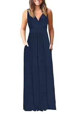 AUSELILY Maxikleider Sommer ärmellos Damen Kleid Lang Elegant tiefem V-Ausschnitt Abendkleid Sexy mit Taschen Navy blau L von AUSELILY