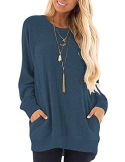 AUSELILY Oberteile Damen Lässige Rundhals Pullover Langärmliges Leichte Langarmshirt mit Taschen Navy blau S von AUSELILY