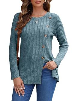 AUSELILY Pullover Damen für Frauen Langarm Tops Leicht Lose Casual Herbst Winter Tunika Pullover Rundhals Shirts Knöpfe Seit(Denim Blue,L) von AUSELILY