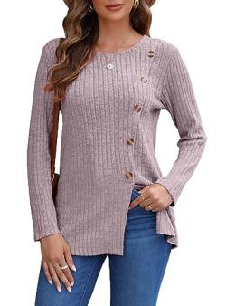 AUSELILY Pullover Damen für Frauen Langarm Tops Leicht Lose Casual Herbst Winter Tunika Pullover Rundhals Shirts Knöpfe Seit(Hellrosa,L) von AUSELILY