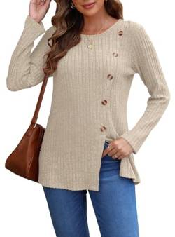 AUSELILY Pullover Damen für Frauen Langarm Tops Leicht Lose Casual Herbst Winter Tunika Pullover Rundhals Shirts Knöpfe Seite（Aprikosenfarbe,L von AUSELILY