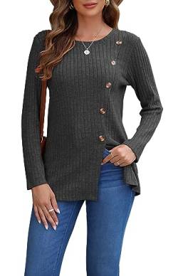 AUSELILY Pullover Damen für Frauen Langarm Tops Leicht Lose Casual Herbst Winter Tunika Pullover Rundhals Shirts Knöpfe Seite(Dunkelgrau,XXL) von AUSELILY