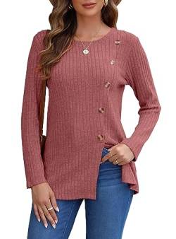 AUSELILY Pullover Damen für Frauen Langarm Tops Leicht Lose Casual Herbst Winter Tunika Pullover Rundhals Shirts Knöpfe Seite(Rot,S) von AUSELILY