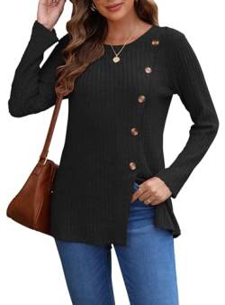 AUSELILY Pullover Damen für Frauen Langarm Tops Leicht Lose Casual Herbst Winter Tunika Pullover Rundhals Shirts Knöpfe Seite（Schwarz,M von AUSELILY